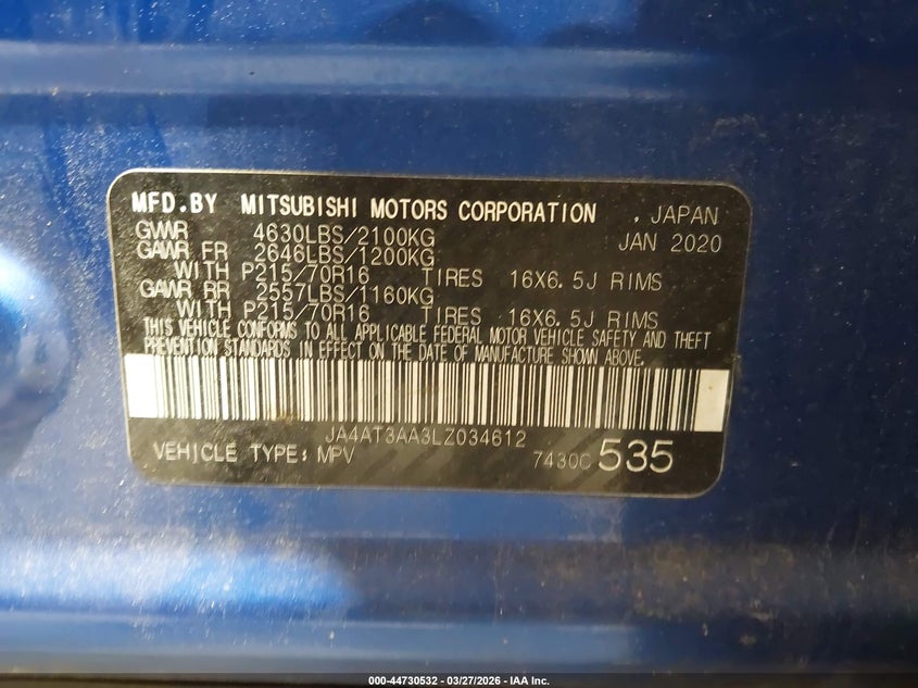 2020 Mitsubishi Eclipse Cross Es 1.5T Awc VIN: JA4AT3AA3LZ034612 Lot: 44730532