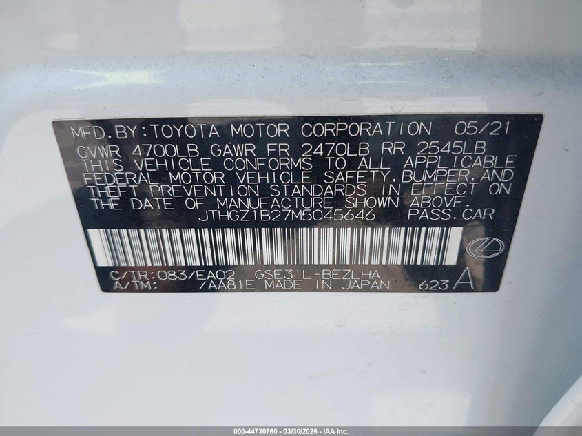 2021 Lexus Is 350 F Sport VIN: JTHGZ1B27M5045646 Lot: 44730760