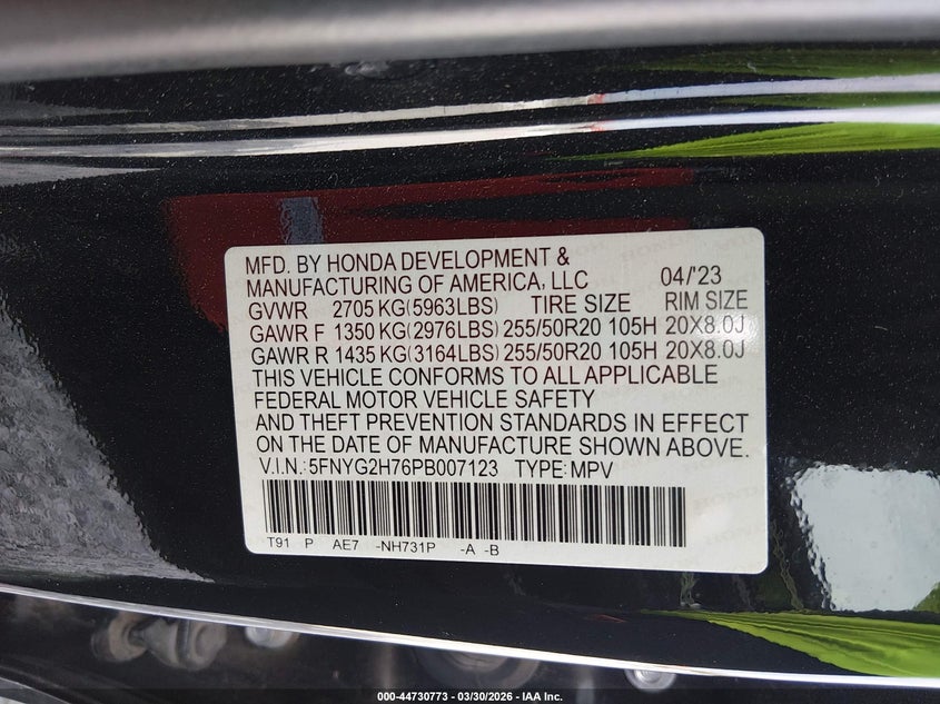 VIN 5FNYG2H76PB007123 2023 HONDA PILOT 2WD TOURING