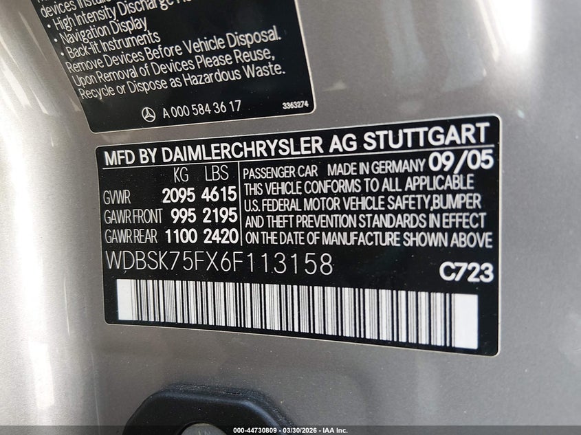 2006 Mercedes-Benz Sl 500 VIN: WDBSK75FX6F113158 Lot: 44730809