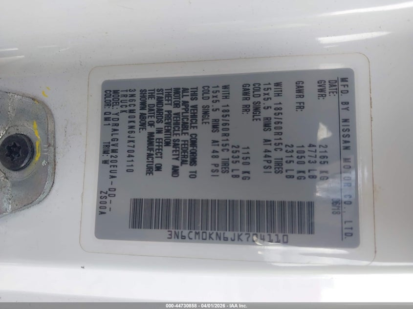 2018 Nissan Nv200 Sv VIN: 3N6CM0KN6JK704110 Lot: 44730858