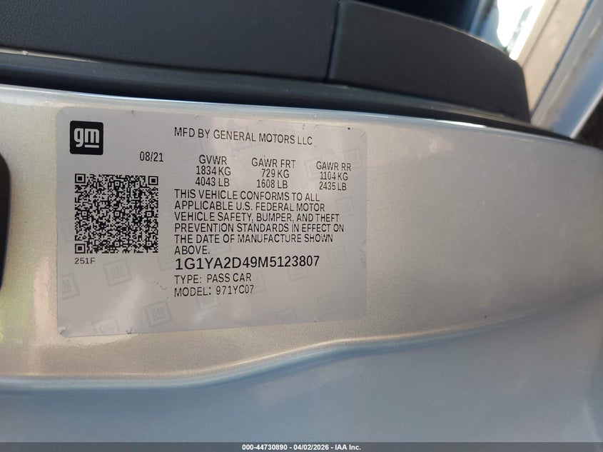 2021 Chevrolet Corvette Stingray Rwd 1Lt VIN: 1G1YA2D49M5123807 Lot: 44730890