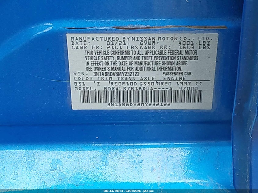 2021 NISSAN SENTRA 2.0L I-4 DI, DOHC, V(VIN: 3N1AB8DV8MY232122