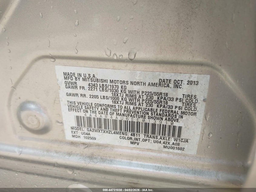 2014 Mitsubishi Outlander Sport Se VIN: 4A4AR4AU6EE013910 Lot: 44731038