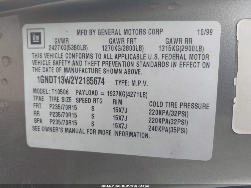 2000 Chevrolet Blazer VIN: 1GNDT13W2Y2185674 Lot: 44731060