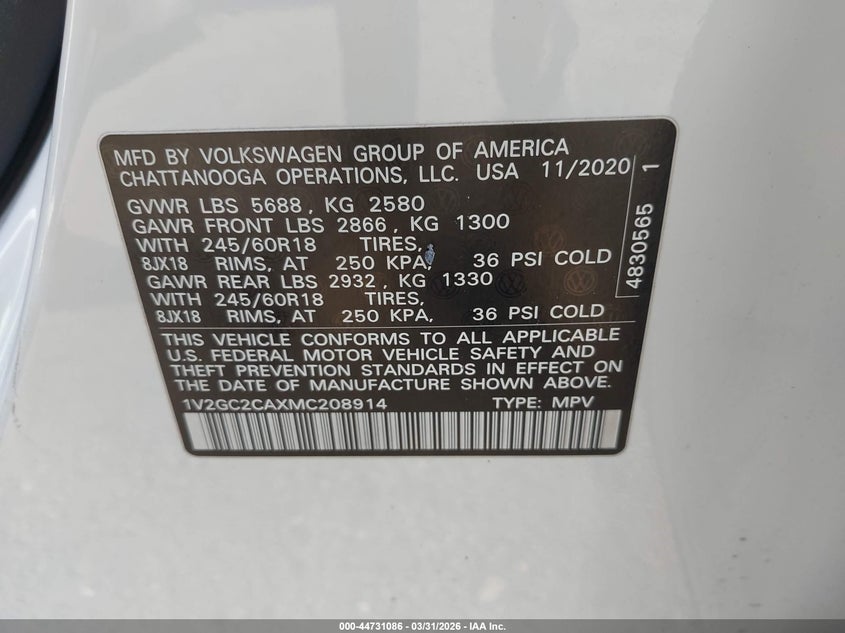 2021 Volkswagen Atlas Cross Sport 2.0T S VIN: 1V2GC2CAXMC208914 Lot: 44731086
