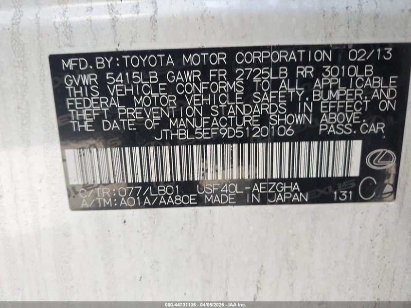 2013 Lexus Ls 460 VIN: JTHBL5EF9D5120106 Lot: 44731136