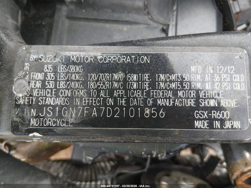 2013 Suzuki Gsx-R600 VIN: JS1GN7FA7D2101856 Lot: 44731197