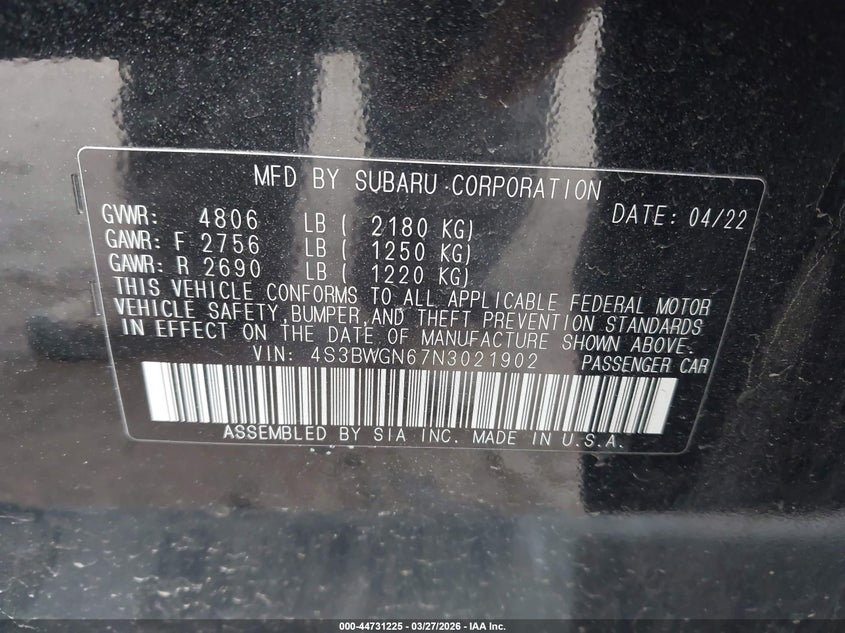 2022 Subaru Legacy Limited Xt VIN: 4S3BWGN67N3021902 Lot: 44731225