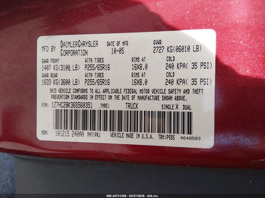 2006 Mitsubishi Raider Ls VIN: 1Z7HC28K36S560351 Lot: 44731306