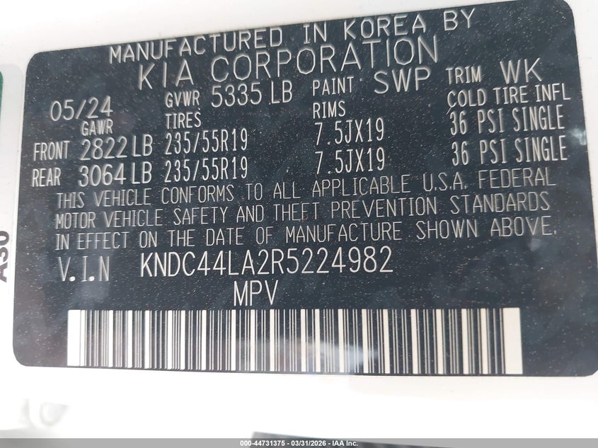 2024 Kia Ev6 Gt-Line VIN: KNDC44LA2R5224982 Lot: 44731375