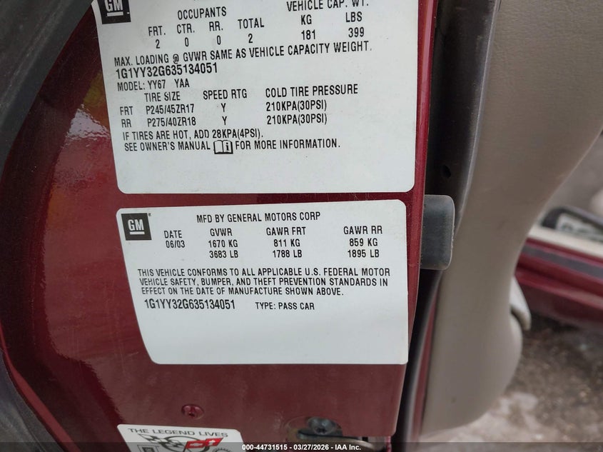 2003 Chevrolet Corvette VIN: 1G1YY32G635134051 Lot: 44731515