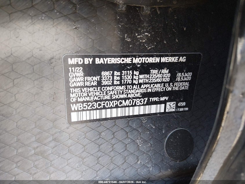 2023 BMW Ix xDrive50 VIN: WB523CF0XPCM07837 Lot: 44731546