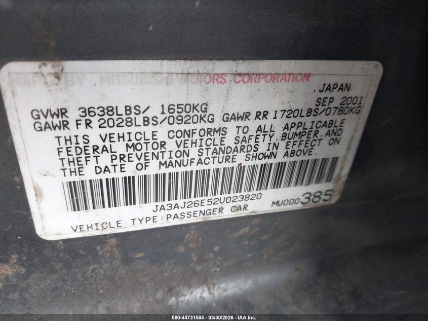 2002 Mitsubishi Lancer Es VIN: JA3AJ26E52U023820 Lot: 44731584