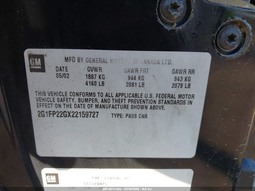 2002 Chevrolet Camaro Z28 VIN: 2G1FP22GX22159727 Lot: 44731604