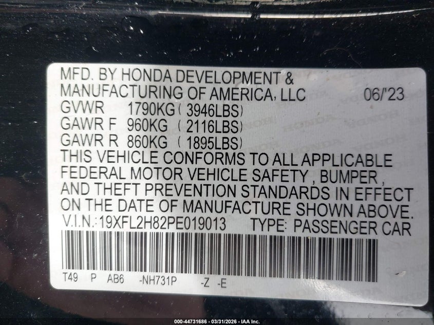 VIN 19XFL2H82PE019013 2023 HONDA CIVIC SPORT