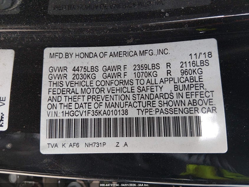 2019 HONDA ACCORD VIN: 1HGCV1F35KA010138