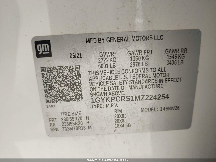 2021 Cadillac Xt6 Fwd Premium Luxury VIN: 1GYKPCRS1MZ224254 Lot: 44731815