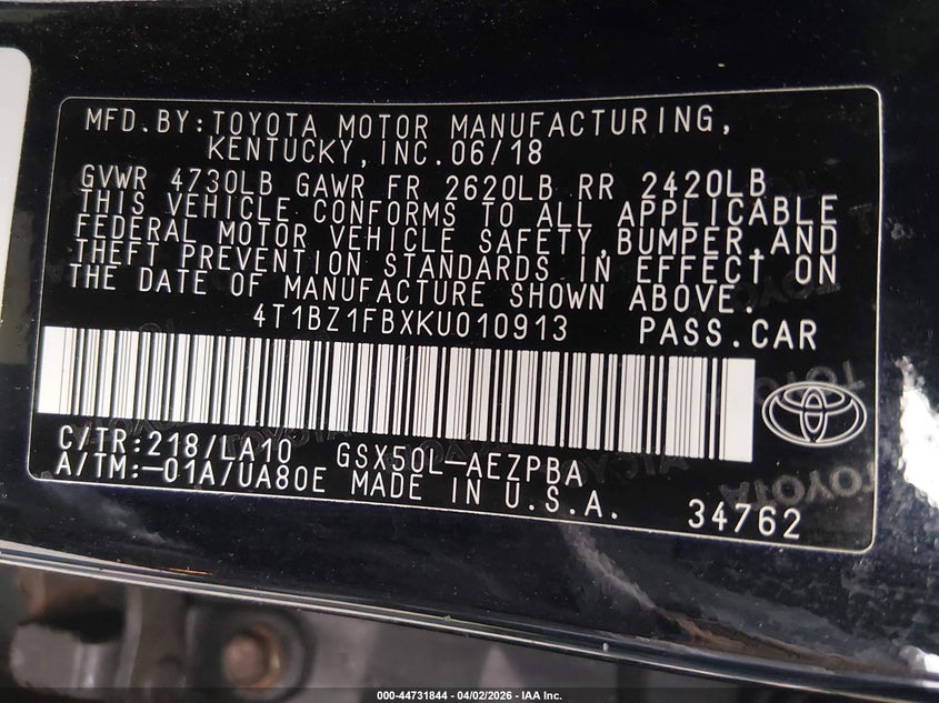 2019 Toyota Avalon Limited VIN: 4T1BZ1FBXKU010913 Lot: 44731844