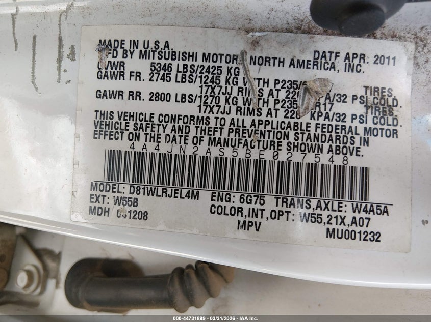 2011 Mitsubishi Endeavor VIN: 4A4JN2AS5BE027548 Lot: 44731899