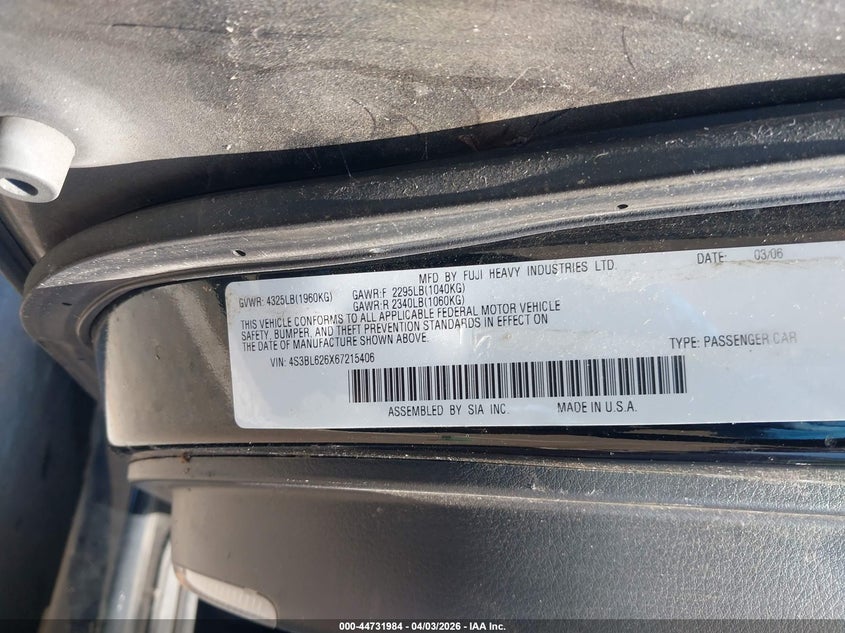 2006 Subaru Legacy 2.5I VIN: 4S3BL626X67215406 Lot: 44731984