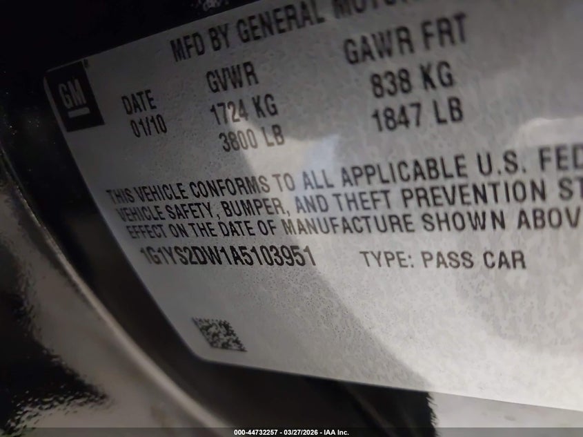 2010 Chevrolet Corvette Grand Sport VIN: 1G1YS2DW1A5103951 Lot: 44732257