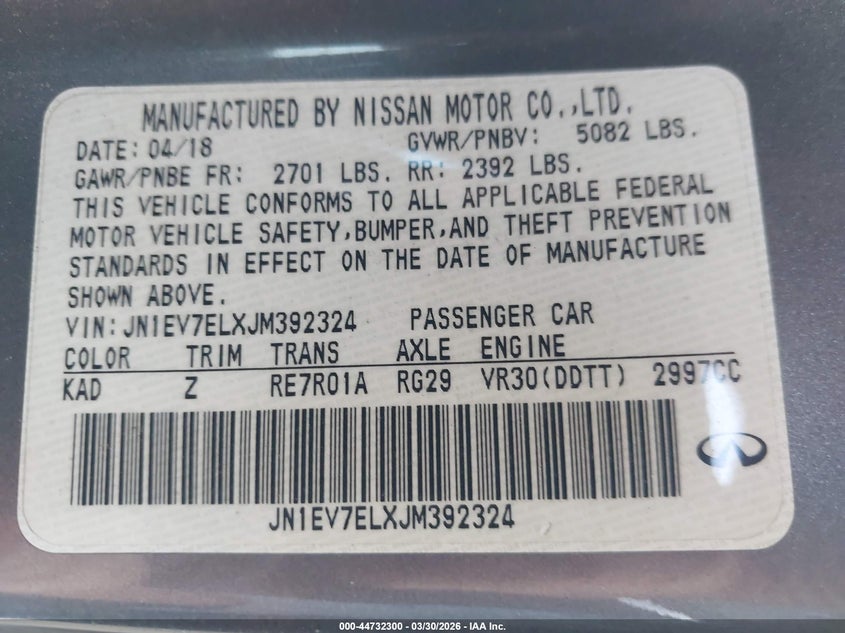 2018 Infiniti Q60 3.0T Sport VIN: JN1EV7ELXJM392324 Lot: 44732300