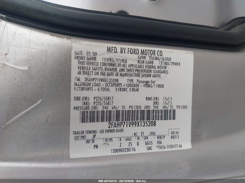 2009 Ford Crown Victoria Police/Police Interceptor VIN: 2FAHP71V99X135208 Lot: 44732310