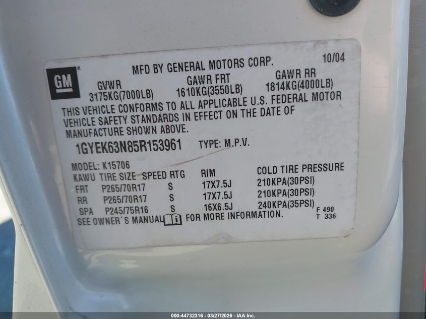 2005 Cadillac Escalade Standard VIN: 1GYEK63N85R153961 Lot: 44732316