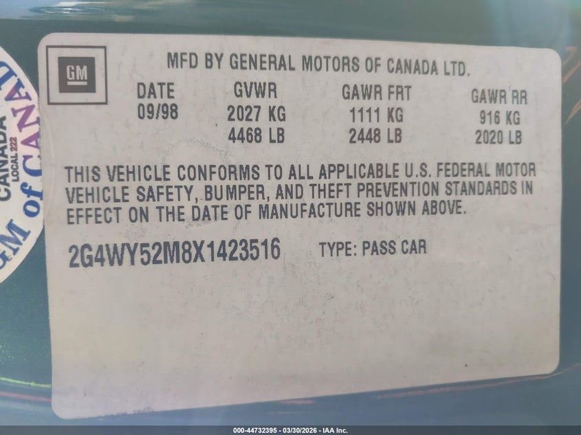 1999 Buick Century Limited VIN: 2G4WY52M8X1423516 Lot: 44732395