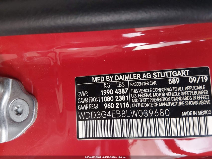 2020 Mercedes-Benz A 220 VIN: WDD3G4EB8LW039680 Lot: 44732464
