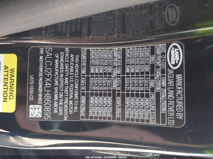 2020 Land Rover Discovery Sport S VIN: SALCJ2FX4LH860895 Lot: 44732494