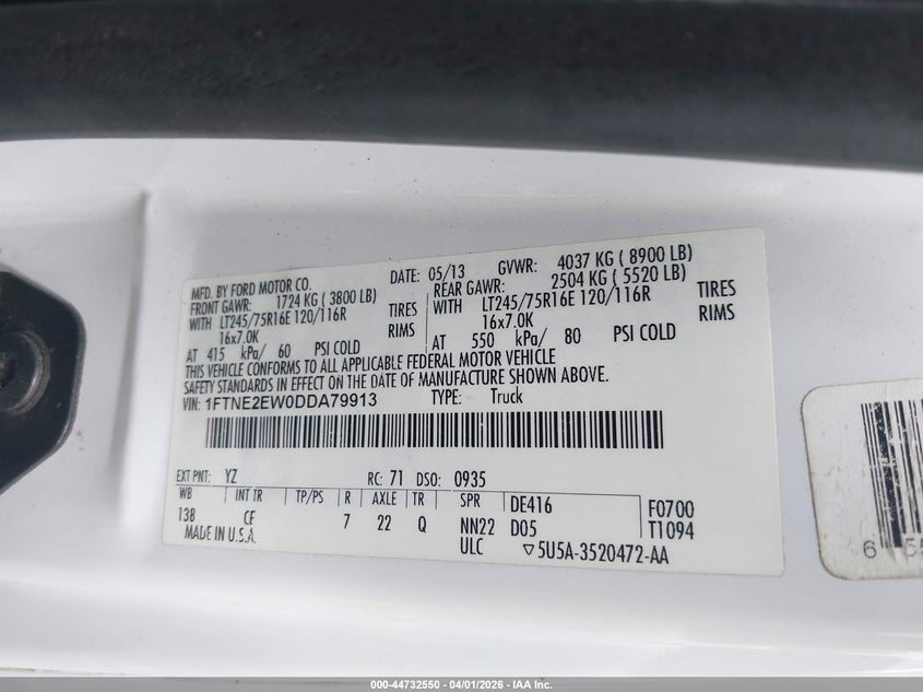 2013 Ford E-250 Commercial VIN: 1FTNE2EW0DDA79913 Lot: 44732550