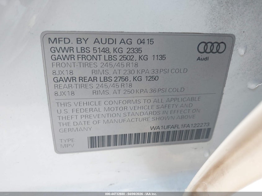 2015 Audi Allroad 2.0T Premium VIN: WA1UFAFL1FA122273 Lot: 44732680