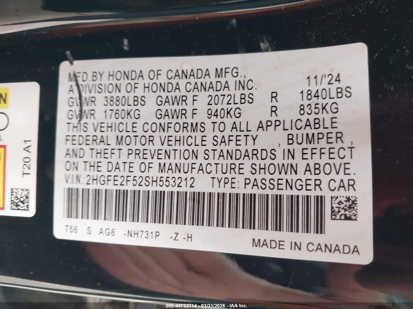 VIN 2HGFE2F52SH553212 2025 HONDA CIVIC SPORT