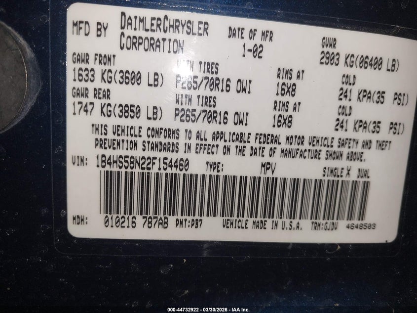 2002 Dodge Durango Slt Plus VIN: 1B4HS58N22F154460 Lot: 44732922