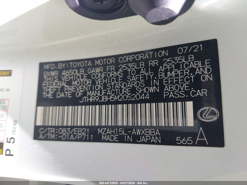 2021 Lexus Ux 250H F Sport VIN: JTHR9JBH5M2052044 Lot: 44732928