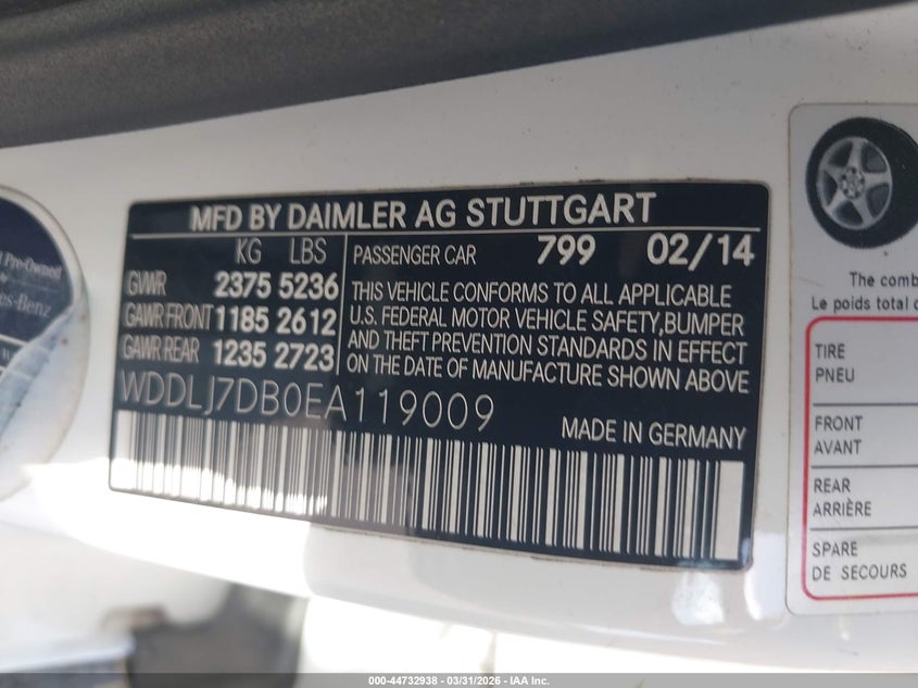 2014 Mercedes-Benz Cls 550 VIN: WDDLJ7DB0EA119009 Lot: 44732938