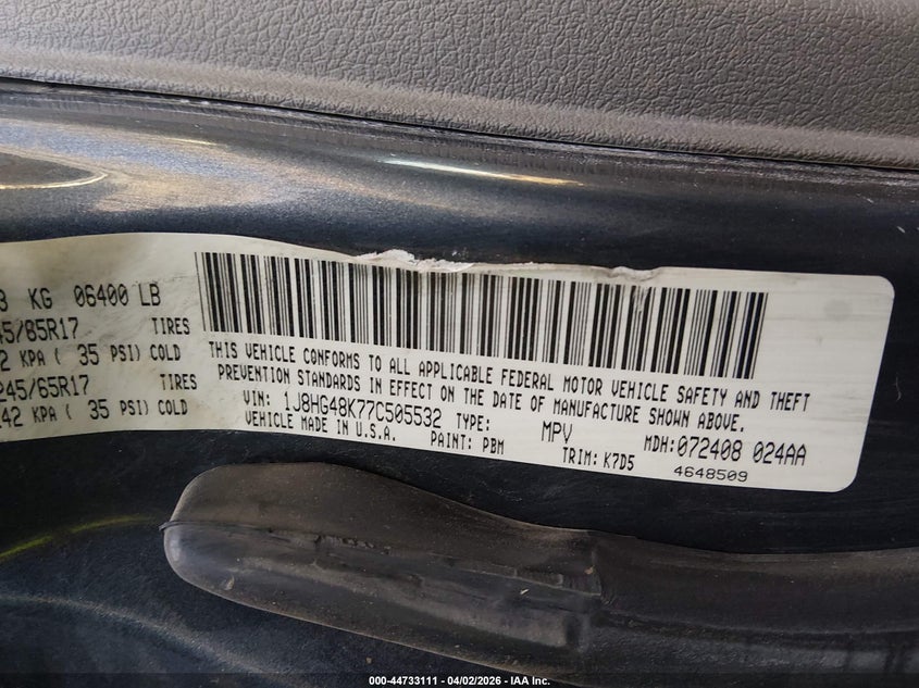 2007 Jeep Commander Sport VIN: 1J8HG48K77C505532 Lot: 44733111