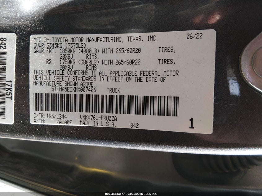 2022 Toyota Tundra 1794 Edition VIN: 5TFMA5ECXNX007406 Lot: 44733177
