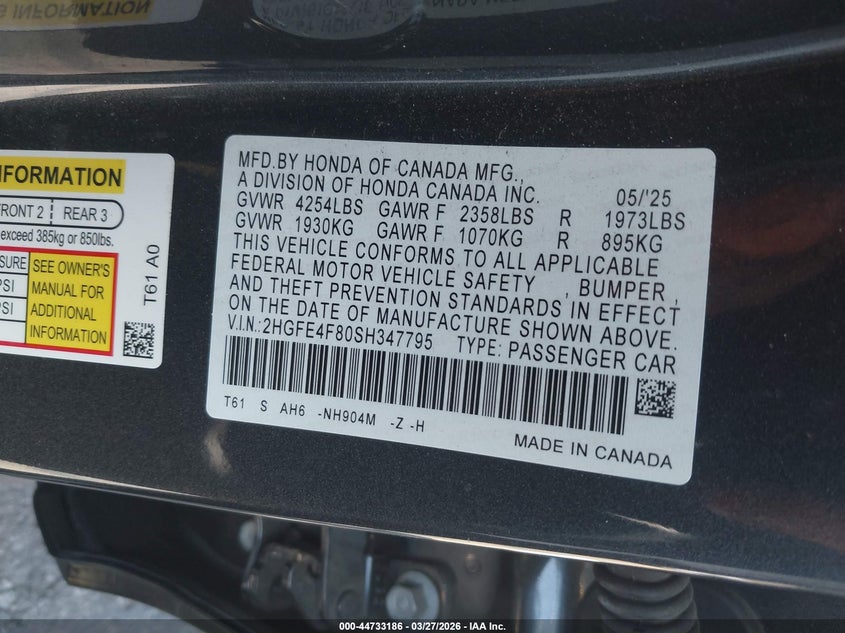 VIN 2HGFE4F80SH347795 2025 HONDA CIVIC HYBRID SPORT/SPORT TOURING