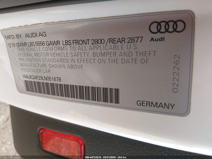 2020 Audi A6 Premium 55 Tfsi Quattro S Tronic VIN: WAUK2AF29LN051678 Lot: 44733215