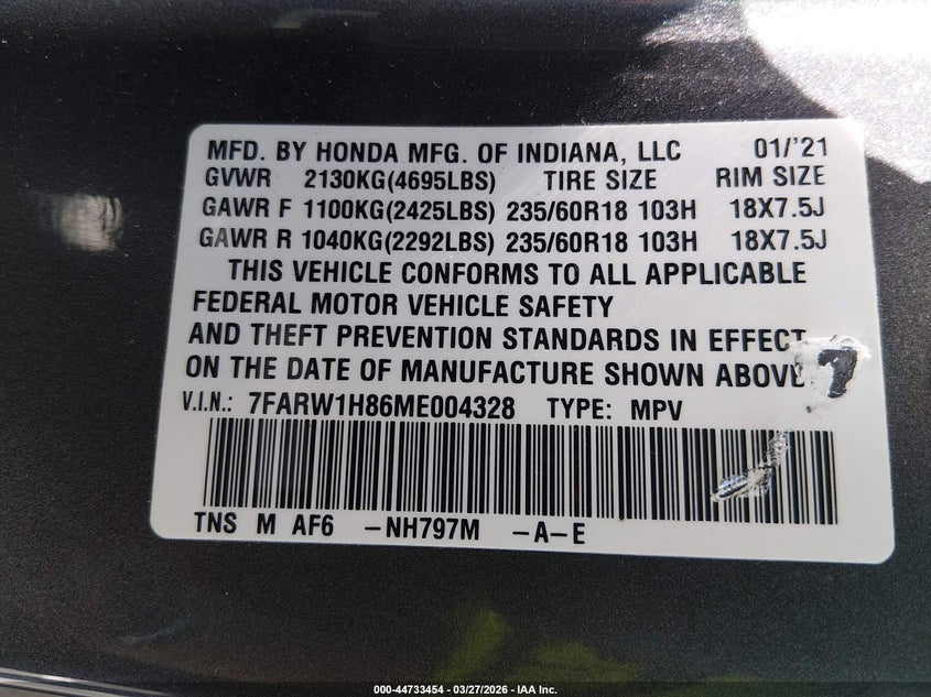 VIN 7FARW1H86ME004328 2021 HONDA CR-V 2WD EX-L