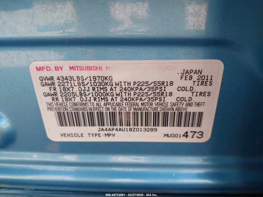 2011 Mitsubishi Outlander Sport Se VIN: JA4AP4AU1BZ013289 Lot: 44733591