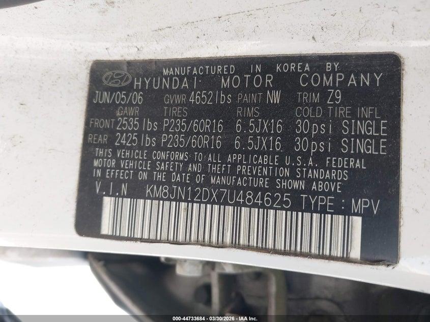 2007 Hyundai Tucson Limited/Se VIN: KM8JN12DX7U484625 Lot: 44733684