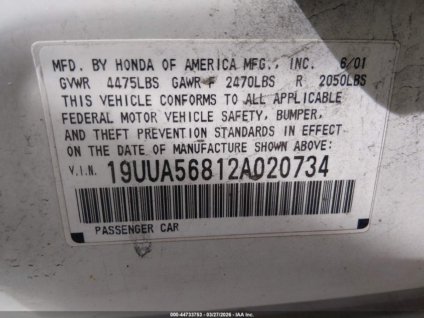 2002 Acura Tl 3.2 Type S VIN: 19UUA56812A020734 Lot: 44733753