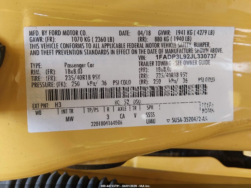 2018 Ford Focus St VIN: 1FADP3L92JL330737 Lot: 44733791