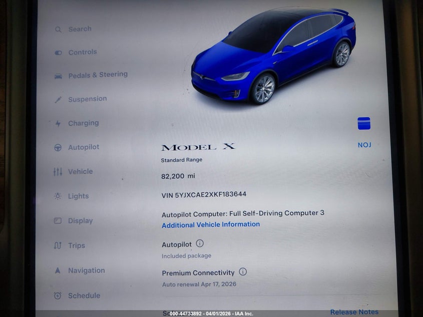 2019 Tesla Model X 100D/75D/Long Range VIN: 5YJXCAE2XKF183644 Lot: 44733892