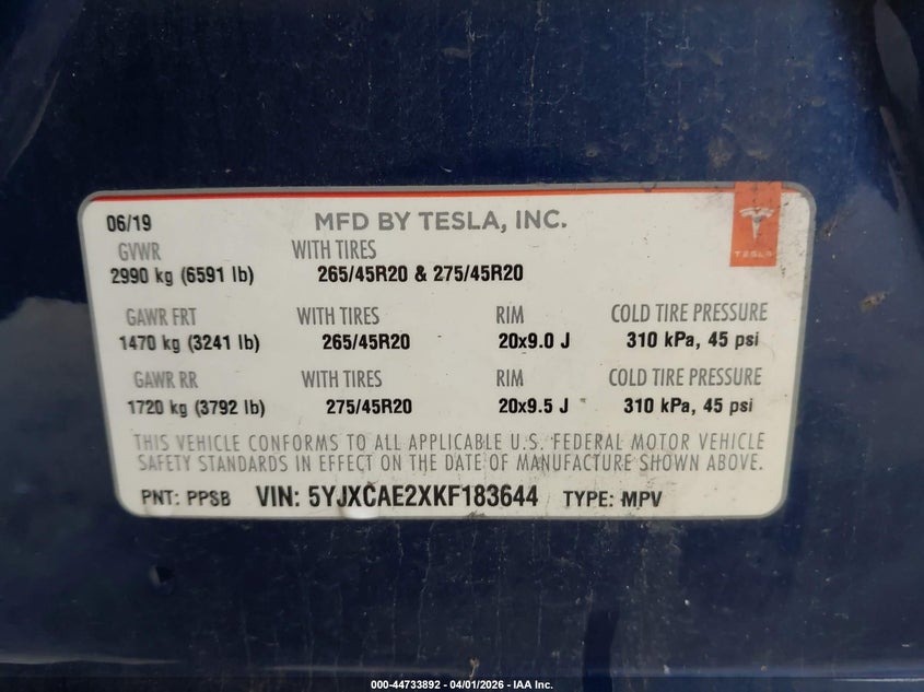 2019 Tesla Model X 100D/75D/Long Range VIN: 5YJXCAE2XKF183644 Lot: 44733892