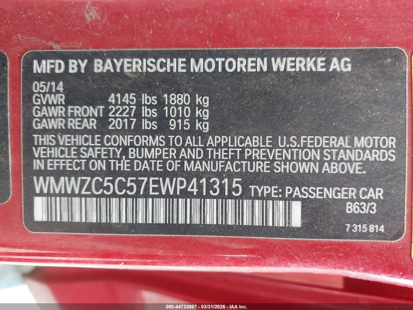 2014 Mini Countryman Cooper S VIN: WMWZC5C57EWP41315 Lot: 44733987